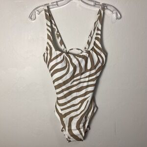 MICHAEL KORS WOMEN'S SWIMSUIT BATHING SUIT ONE PIECE BEIGE AND WHITE SIZE 8 NWOT